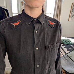 Upcycled bird western pearl snap top